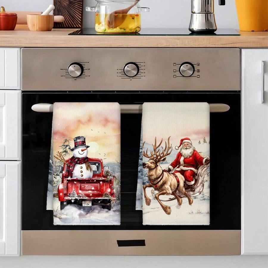 2 件/套圣诞快乐厨房毛巾，雪人与房屋设计，速干吸水洗碗布，适用于圣诞装饰、厨房和浴室，17.7*27.5 英寸 - 紅色 - 查看 1