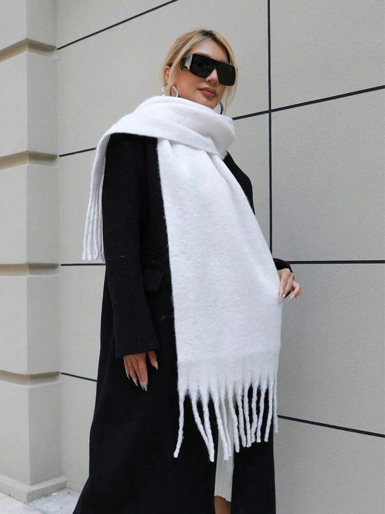 1pc Winter New Fashion Women's Faux Wool Ruffle Mohair Solid Color Thick Tassel Warm Scarf With Long Fringe, Soft And Comfortable, Suitable For Travel And Daily Use - White - View 5