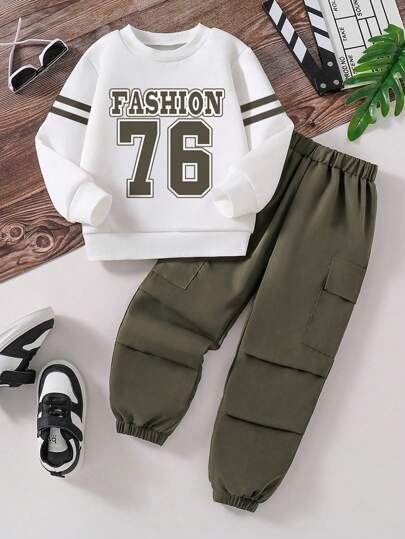 男童印花圆领长袖上衣和纯色长裤套装