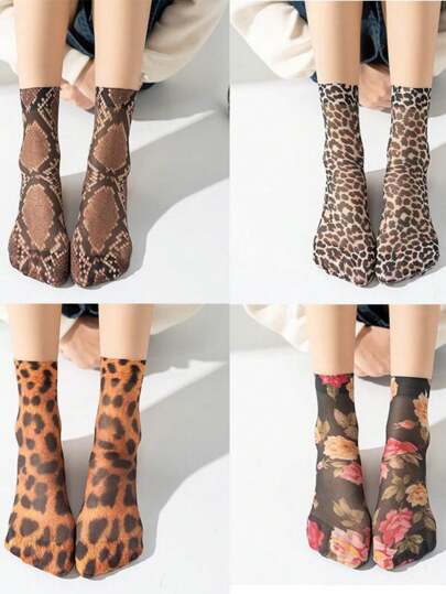 4 pares de calcetines de mujer con estampado de leopardo, incluye calcetines tipo tripulación, calcetines invisibles, calcetines cortos, calcetines blancos, calcetines negros, calcetines para mujer, calcetines tobilleros, calcetines tipo forro, calcetines lindos, calcetines para niña, con diseño antideslizante de doble línea, diseño de malla transpirable que absorbe la humedad, suaves y cómodos, adecuados para uso diario, deportes en el hogar, uso en la oficina, estilo universitario, apropiados para todas las temporadas y festividades, calcetines invisibles y calcetines cortos