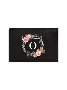 1 套黑色亚麻手提包，带 A-Z 花卉印花设计，带化妆包，简约优雅，个性化伴娘婚礼礼品包，化妆包，旅行简易收纳包，纯色化妆品钱包，大容量旅行化妆包，圣诞节最佳教师礼物 - 黑色 - 查看 17