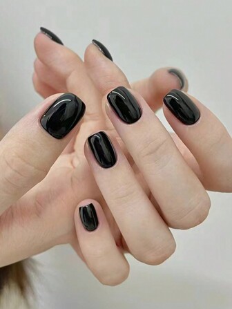 10Pcs Handmade Press-On Nails: Short Square Black Solid Color Fake Nail Set For Instant Glamour, Includes 1Pc Jelly Gel & 1Pc Nail File Nail Supplies Nails