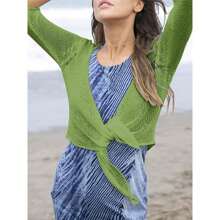 Women's Tie Front Shrug 3/4 Sleeve Bolero Sheer Knotted Lightweight Cardigan Sweaters Short Shawl Tops - 綠色 - 查看 3