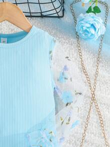 Young Girl Cute Floral Embroidery Mesh Long Sleeve Round Neck Casual Dress, Spring/Autumn