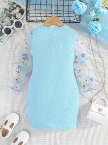 Young Girl Cute Floral Embroidery Mesh Long Sleeve Round Neck Casual Dress, Spring/Autumn