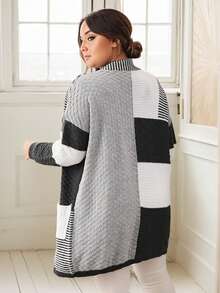 Nemidor Cardigan de malha listrado de contraste de cor casual plus size, outono/inverno - Preto e Branco - Ver 3
