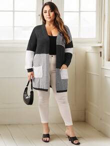 Nemidor Cardigan de malha listrado de contraste de cor casual plus size, outono/inverno - Preto e Branco - Ver 2