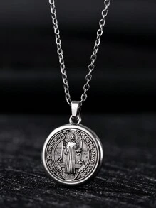 1 Stück Herren Vintage Halskette mit Medaillon in Silberfarben, Mode St. Benedict St. Anhänger, Edelstahlkette und modischer Anhänger, Weihnachts- oder Geburtstagsgeschenk