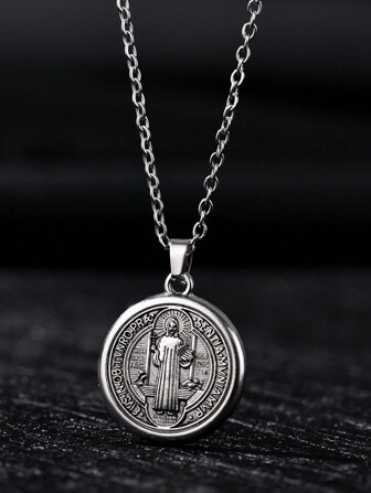 1 件男士复古银色时尚圣本笃圣裘德勋章吊坠项链，不锈钢链和时尚吊坠，圣诞节、生日礼物