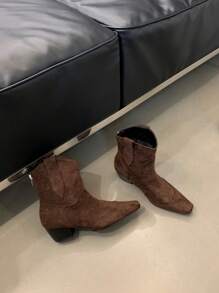 Botine din piele intoarsa cu broderie cu varf migdalat, cizme cu toc inalt cu platforma versatila - maro închis - Vizualizare 3