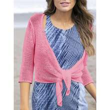 Women's Tie Front Shrug 3/4 Sleeve Bolero Sheer Knotted Lightweight Cardigan Sweaters Short Shawl Tops - Pink - View 4