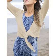 Women's Tie Front Shrug 3/4 Sleeve Bolero Sheer Knotted Lightweight Cardigan Sweaters Short Shawl Tops - Màu kaki nhạt - Xem 2