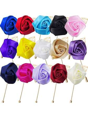 Vintage Elegant Gentleman's Cloth Rose Flower Lapel Pin, Rose Flower Pin With Golden Leaves, Floral Lapel Pin, Suitable For Men's Suit, Groomsmen, Wedding, Party, Formal Occasions