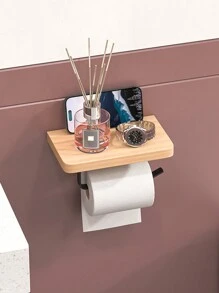 1pc Wall-Mounted Wooden Toilet Paper Holder With Shelf, Self-Adhesive Tissue Paper Dispenser, Durable Metal Frame, Bathroom Storage Rack - For Phone/Wet Wipes/Toilet Paper, Bathroom Accessory, Black/White