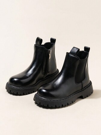 女童 PU 皮革保暖内衬休闲靴 黑色，拉链开合，圆头平底靴，简约设计儿童冬季踝靴