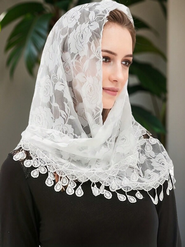 1pc Women's Solid Color Lace Rose Triangular Scarf, Suitable For Weddings, Parties, Photography, Traveling