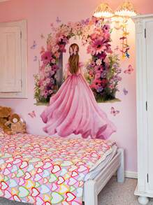 1 套粉色和紫色花卉、仙女和蝴蝶女孩墙贴，适用于客厅、卧室和沙发装饰，自粘式贴纸、墙贴花、乙烯基贴花，用于家居装饰、春季装饰品，让您的家焕然一新，节日装饰贴纸礼物生日毕业 - 彩色 - 查看 7