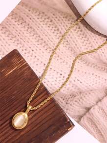 1 pieza Collar con colgante vintage de piedra ovalada en negro, blanco y marrón, enchapado en oro de 18K, acero inoxidable, pequeño y lindo, regalo de joyería para mujer