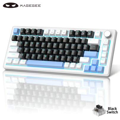 MageGere STAR75 Mechanical Gaming Keyboard With Knob Control, 75% Compact Blue Backlit Wired Gaming Keyboard With Black Switches, EVA Silent Portable For Tablet PC Computer Windows