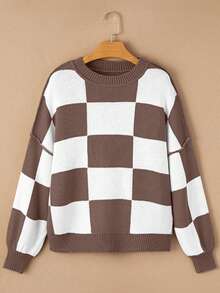 棕色格纹主教袖优雅毛衣，长袖上衣 - 棕色 - 查看 5