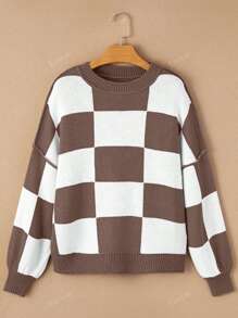 Checkered Bishop Sleeve Sweater,Long Sleeve Tops