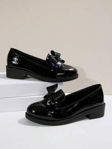 Women's Casual Loafers 2025 New Round Toe Metal Chain Slip-On Patent Leather Flat Shoes, Versatile For Commuting - Black - View 4