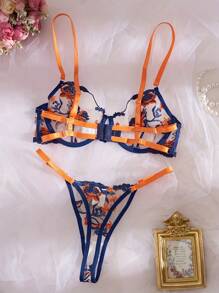 性感霓虹橙色撞色刺绣花卉女士内衣套装两件套女士2件套 - 橘色 - 查看 2