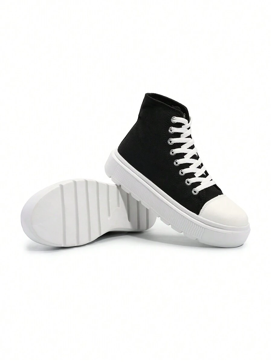 女士黑白运动拼色高帮系带帆布运动鞋