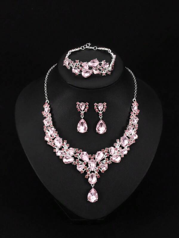 4 piezas/set de joyería con collar, pendientes y pulsera con incrustaciones de rhinestone, accesorios nupciales y de boda, decoración para actuaciones en el escenario y fiestas