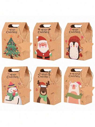 12 件圣诞礼品盒，带标签和细绳，卡通圣诞老人 & 雪人 & 麋鹿图案纸质礼品包装盒，适用于圣诞派对礼品装饰、圣诞节
