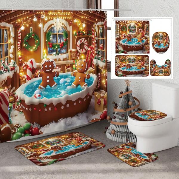 1/4pcs Christmas Winter Candy Cane Gingerbread Funny Red Green Shower Curtain Set With Shower Curtain And Rugs Polyester Waterproof Machine Washable For Xmas Bathroom Or Shower Decor With 12hooks Non-Slip Bath Mat U-Shape Toilet Lid Cover Mat Home Bathroom Decor Summer