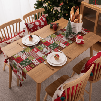 1 buc. Aleer de masă decorativ de Crăciun țesut din jacquard, cu ciucuri, cu puzzle-uri de Crăciun, reni, fulgi de zăpadă și modele de oameni de zăpadă