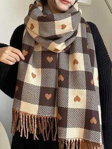 1 chiếc khăn choàng cổ cashmere kẻ caro hình trái tim có thể đảo ngược dành cho nữ, khăn choàng quấn ấm áp mùa thu/đông tối giản dễ thương, đa năng cho trang phục hàng ngày và làm quà tặng ngày lễ - màu nâu - Xem 9