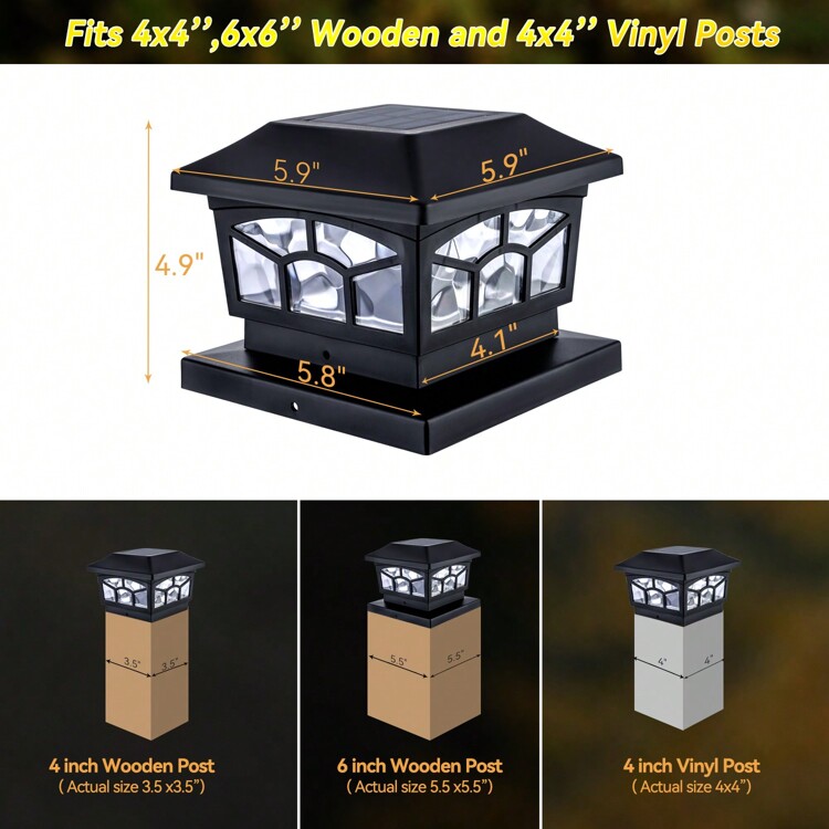 6 Pack Solar Lights For Fence Post Cap Outdoor Deck Lights Waterproof For 4x4/6x6 Wooden/Vinyl Posts Two Light Modes Warm/Cool White Decor For Garden Deck Patio - Black - View 3