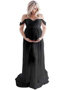 Vestidos De Maternidad Para SesióN De Fotos, Vestido De Encaje De Gasa Con Hombros Descubiertos, Maxivestidos De FotografíA Con Frente Dividido - Negro - Ver 7