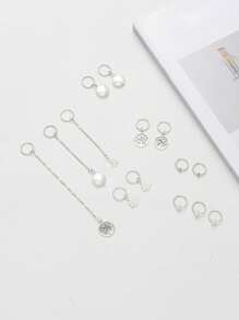 14pcs Faux Pearl & Butterfly Decor Hair Ring Boho - Multicolor - View 4
