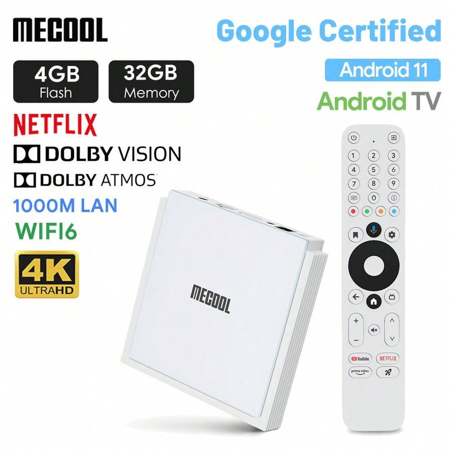1 台 MECOOL Android 电视盒 KM2 Plus 豪华版，配备 4GB RAM+32GB ROM，4K 认证杜比全景声和杜比视界，1000M LAN 端口，WIFI6，BT 5.0 游戏，Android 11 4K 媒体播放器