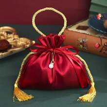 5 piezas Bolsas de regalo de seda roja de 6.5x6.3 pulgadas con cordón y borla para joyas, almacenamiento, recuerdos de bodas, Navidad, cumpleaños, fiestas - bolsa de almacenamiento - Ver 10