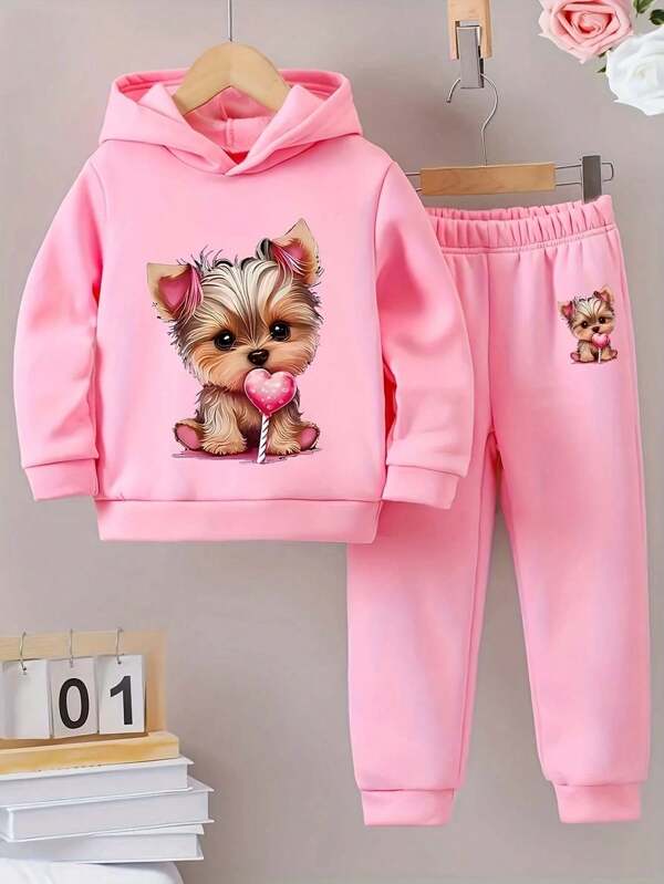 2pcs/Set Young Girl' Fashionable Cute Sports & Outdoor Warm Sweet Casual Minimalist Cartoon Dog & Heart Lollipop Print Fleece Hooded Sweatshirt & Pants Set, Autumn/Winter