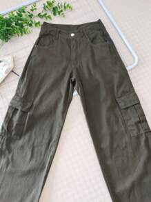 Women's Wide-Leg High-Waisted Cargo Jeans In Twill Fabric - 軍綠色 - 查看 2