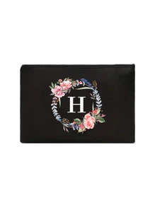 1 套黑色亚麻手提包，带 A-Z 花卉印花设计，带化妆包，简约优雅，个性化伴娘婚礼礼品包，化妆包，旅行简易收纳包，纯色化妆品钱包，大容量旅行化妆包，圣诞节最佳教师礼物 - 黑色 - 查看 20
