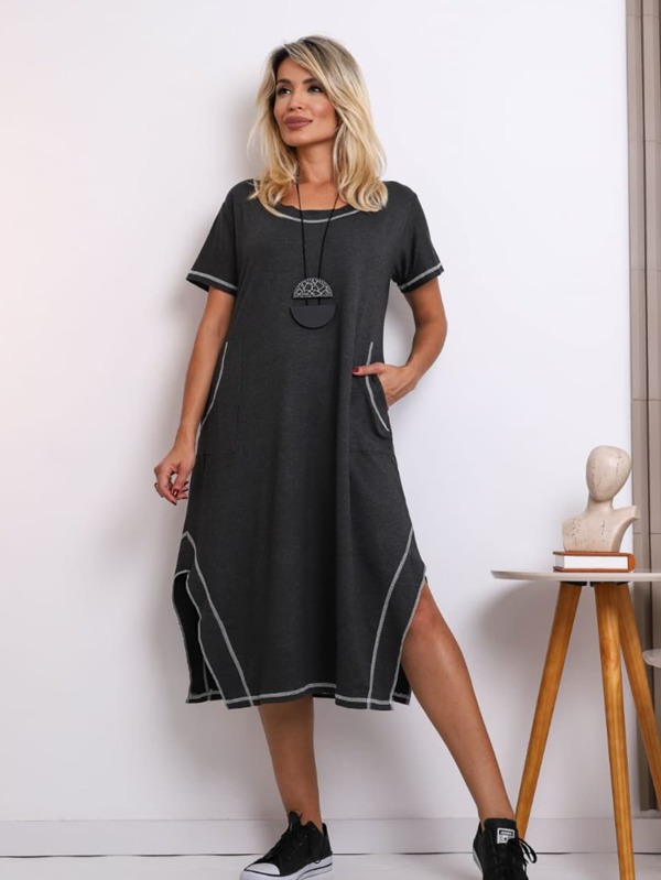 Vestido Feminino PESPONTADO Fenda Lateral Manga Curta Bolsos Laterais Moda Feminina Veste 36 ao 48