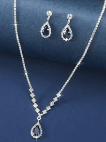 3 件套方晶锆石泪滴形吊坠项链耳环奢华新娘婚纱配饰，适合鸡尾酒会和活动 - 寶藍色 - 查看 3