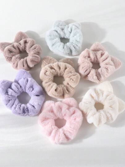 4/7 件女孩随机颜色毛巾蓬松猫耳朵发圈，柔软厚实毛绒发圈马尾辫固定发带弹性发绳发饰适合日常使用
