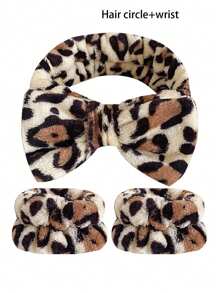 1pc Leopard Pattern Bow Decor Bath Headband Home Bathroom Decor Fall Decor Back To School - Beige - View 5