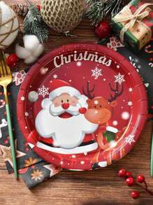 10 piezas Platos de papel navideños desechables con diseño festivo de Navidad, platos de papel resistentes, platos con Papá Noel, platos para fiestas navideñas, envueltos individualmente, aptos para microondas de 9 pulgadas/7 pulgadas, bandejas de platos, decoración navideña, obsequios para fiestas, suministros para fiestas, decoración de invierno y Navidad - Multicolor - Ver 3