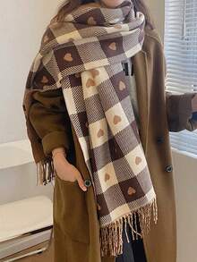1 chiếc khăn choàng cổ cashmere kẻ caro hình trái tim có thể đảo ngược dành cho nữ, khăn choàng quấn ấm áp mùa thu/đông tối giản dễ thương, đa năng cho trang phục hàng ngày và làm quà tặng ngày lễ - màu nâu - Xem 1