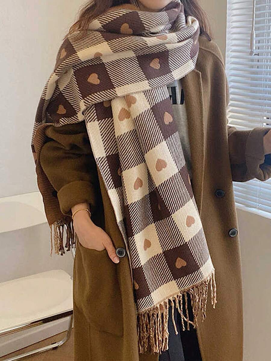 1 chiếc khăn choàng cổ cashmere kẻ caro hình trái tim có thể đảo ngược dành cho nữ, khăn choàng quấn ấm áp mùa thu/đông tối giản dễ thương, đa năng cho trang phục hàng ngày và làm quà tặng ngày lễ - màu nâu - Xem 1
