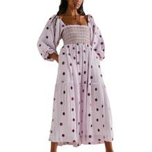 Women Floral Embroidered Maxi Dress Long Puff Sleeve Square Neck Bohemian Flowy Dress With Pockets Smocked Fall Dress - 紫色 - 查看 1