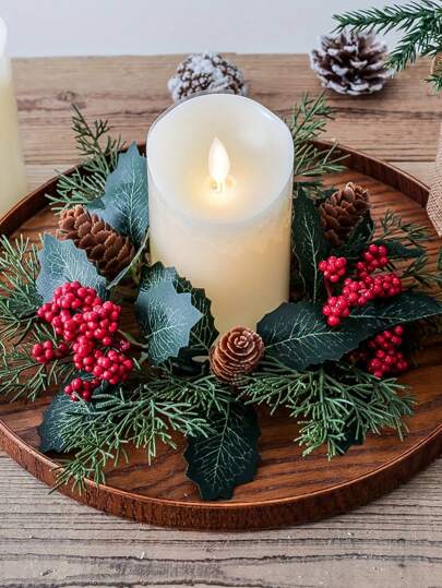 1pc Small Christmas Atmosphere Decorations Home Artificial Red Berry Pine Cones Pine Needles Leaves Candle Holders Fake Flower Wreaths Creative Tabletop Dining Table Layout Winter Christmas Candle Rings Wedding Home Dining Room Bedroom Windowsill New Year Decoration,Classroom,Office,Party,Balcony Shopping Malls,Doors,Indoor Table Centerpiece Decor , Xmas Back To School Supplies Thanksgiving Holiday Essentials Gift Home Decor Christmas Decorations Room Decor
